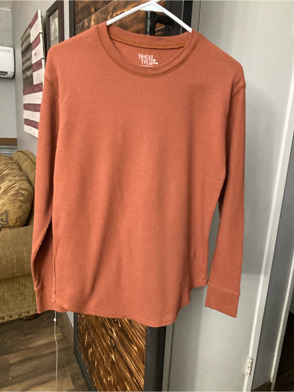 Time and Tru Waffle Knit Long Sleeve Top - Rust Orange